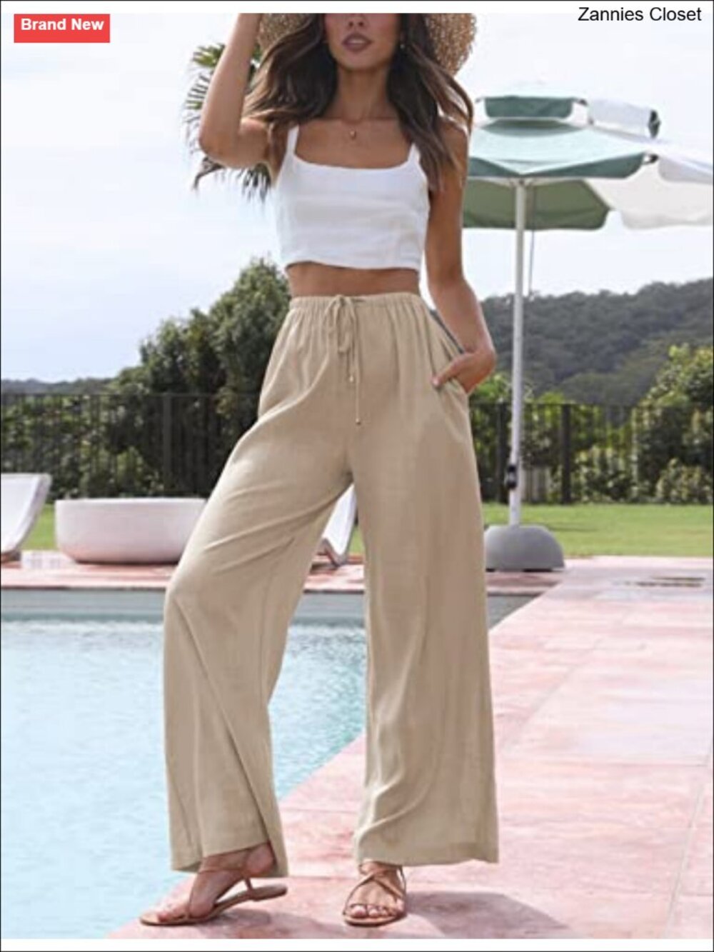 Faleave Cotton Linen Palazzo Pants Wide Leg Flowy Beach Trousers with Pockets - Picture 2 of 6
